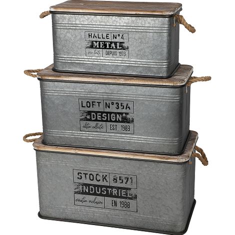 Lot de 3 malles de rangement en métal "Loft & Metal" - Gris/Noir - L 68 x l 35 x P 35 cm - Livraison gratuite
