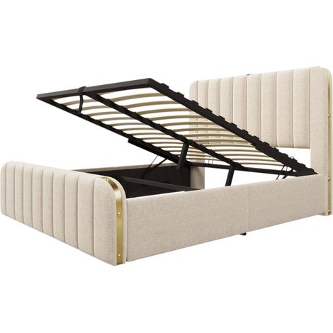 Cama canapé doble tapizada 140x200 cm en lino beige con USB-C y lamas, HOMVRA (1/5)