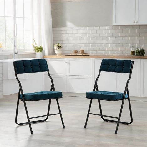 Chaise pliante bleue en acier avec coussin lot de 2 (1/5)