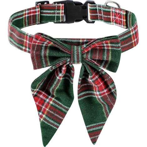 Collier pour chien à carreaux avec nœud papillon, flocon de neige de Noël, rouge et vert, tailles XS à L, en coton, 1,5 x 30 cm, vert. (1/5)