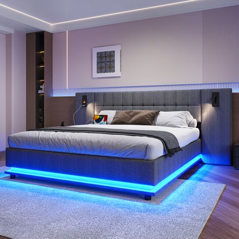 Polsterbett, 180200cm, mit LED-Leiste, Kopfteil mit Spot, mit USB, ohne Matratze, Leinen, Grau