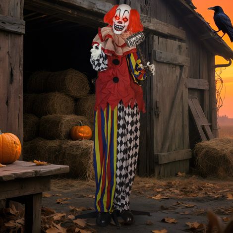 Pagliaccio inquietante, animatronic di Halloween, 173 cm, occhi luminosi, attivazione sonora, braccia e testa mobili, funzionamento a batteria, plastica, metallo, rosso (1/5)