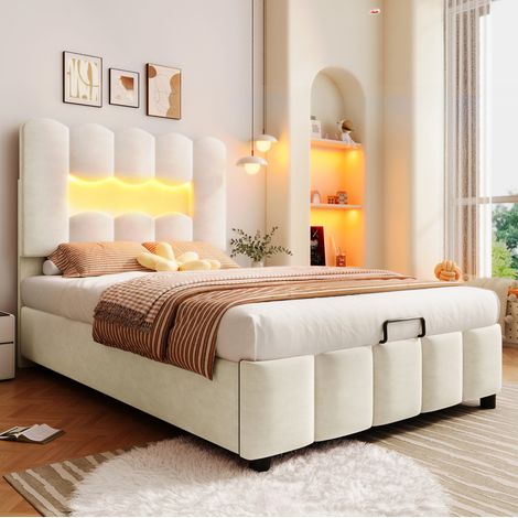 Letto imbottito moderno 90x200 cm in velluto beige con testiera regolabile, LED e contenitore idraulico (1/5)
