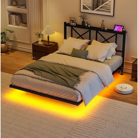 MEUBLIV Cadre de lit 120x200 cm noir – LED et station de charge, sans matelas (1/5)