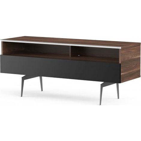 Meuble TV 2 niches 1 porte bois foncé et noir pieds métal Esperance 120 cm (1/5)