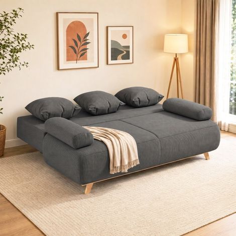 Divano letto con vano contenitore, divano letto clic-clac a 2-3 posti per soggiorno, rivestimento in velluto a coste, 188x100x84 cm, Grigio (1/5)