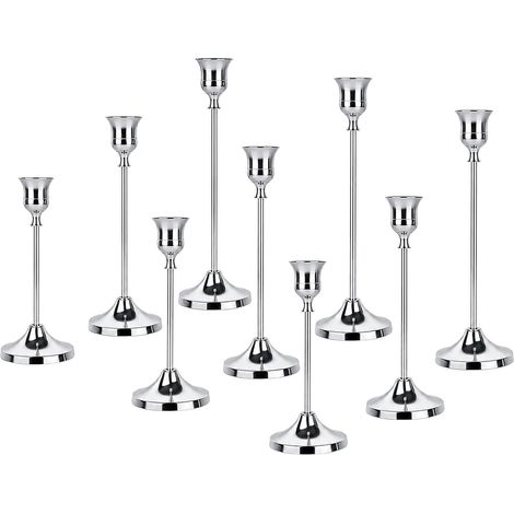 Lot de 9 bougeoirs coniques argentés, alliage de zinc, 16,5/19/22 cm, décor vintage pour mariages, fêtes.
