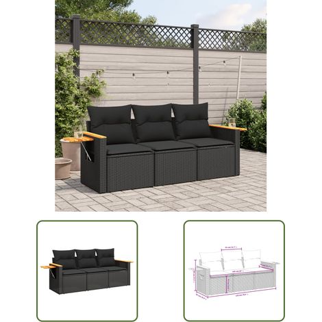 The Living Store Salon de jardin 3 pcs avec coussins noir résine tressée - Ensemble Salon De Jardin - Meuble Extérieur - Résine Tressée - Rotin Synthétique - Canapé D'extérieur (1/3)