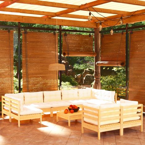 10-tlg. Garten-Lounge-Set mit Creme Kissen Massivholz Kiefer (1/5)