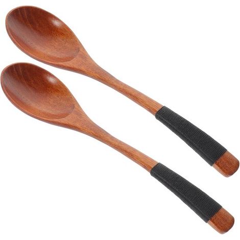 Ensemble de couverts en bois 2 pièces : cuillère à ramen en bois, ronde, couverts de voyage pratiques et réutilisables Nanmu avec revêtement en fil de fer noir pour le déjeuner, C (1/5)