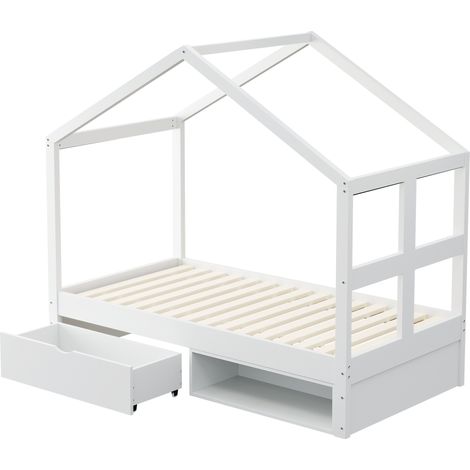 Letto a casetta 90 x 190 cm con cassetti, porta scarpe e LED multicolore, bianco (1/5)