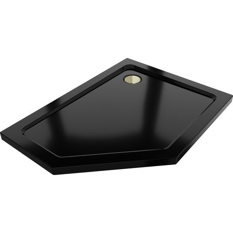Mexen Flat Fünfeckige Slim-Duschwanne rechts 90 x 80 cm, schwarz, goldener Siphon - 41P708090R-G (1/5)