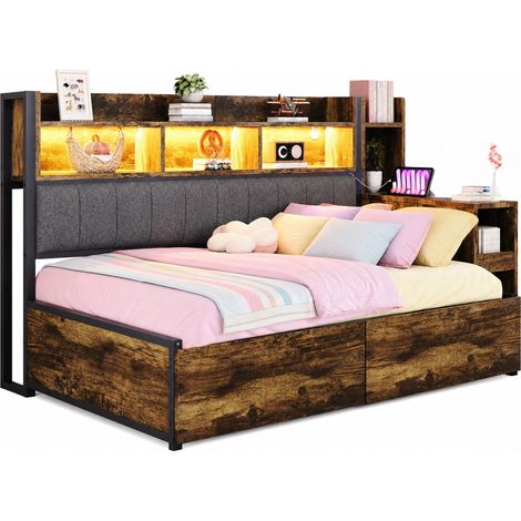 Lit multifonction 90 x 200 cm avec bureau coulissant, rangements cachés, prises intégrées et LED, structure métal et bois clair, idéal chambre ado - CHICFURN (1/5)