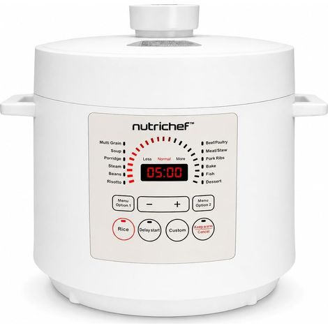NutriChef Pentola a Pressione Elettrica 6 Litri, 1000 Watt Multicooker, Cuociriso, Slow Cooker, Vaporiera Elettrica, Acciaio Inox, LCD, Timer, Mantieni Caldo, Bianco