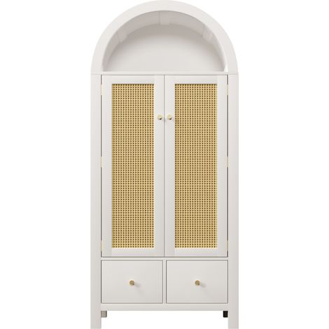 Armario blanco 181x78x45 cm con detalles efecto ratán, 2 puertas, 2 cajones y barra (1/5)