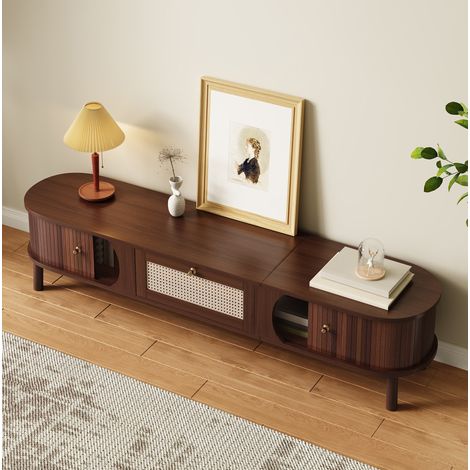 Mobile TV 170x38x39,5 cm in legno naturale con 2 ante in legno massello e 1 cassetto in rattan (1/5)