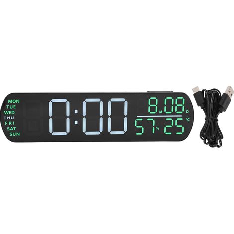 Réveil numérique grand format avec affichage de la date, du jour de la semaine, du calendrier, de la température et de l'humidité, LED, boîtier noir et éclairage vert. Fonction heure d'été automatique (1/5)