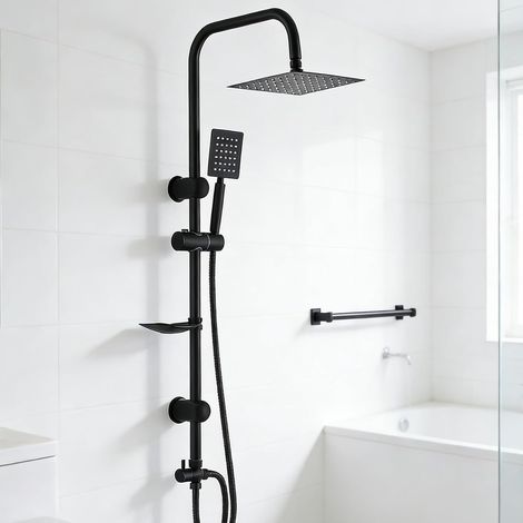 Colonne de Douche Acier Inoxydable avec Étagère Douche, Kit Complet Salle de Bain avec Barre de Douche INOX 92 cm Ensemble, Douchette à Main et Tuyau, Réglable, sans Mitigeur (1/5)