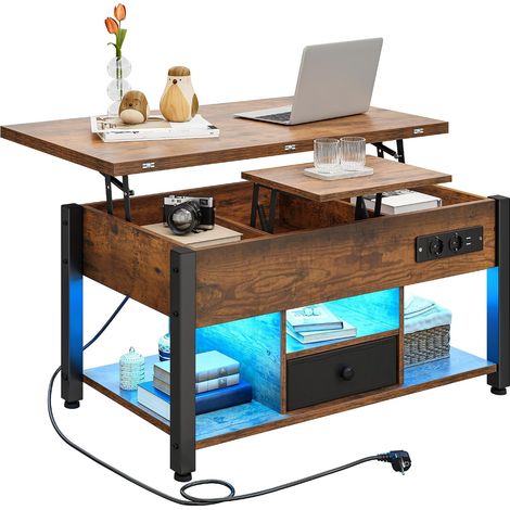 Table basse relevable 4-en-1 marron – Hauteur ajustable, transformation en table à manger, rangement intégré et éclairage LED (1/5)