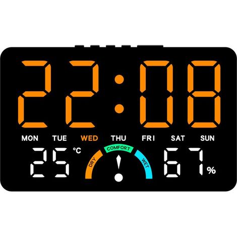 Réveil numérique LED, affichage de la température et de l'humidité, grand écran, fixation murale ou sur pied, multifonctionnel, boîtier noir, lampe orange GH9007 (1/5)
