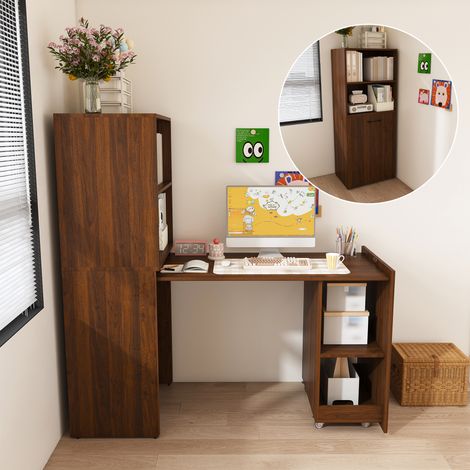 Bureau extensible avec armoire de rangement, bureau pliable gain de place avec étagères réglables et plateau extensible, noyer foncé, pour chambre et bureau (bureau de bureau) (1/5)