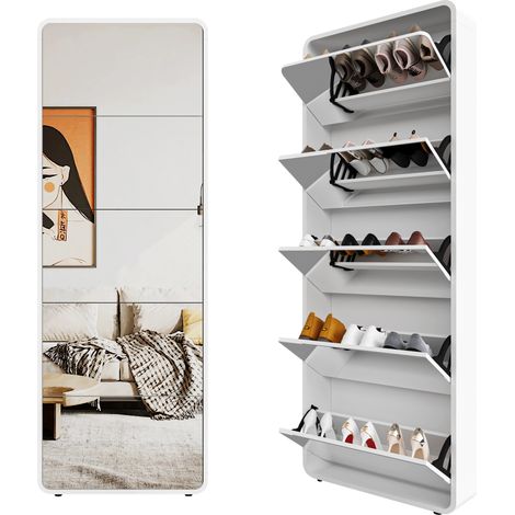 Meuble à chaussures miroir avec 5 abattants, design arqué blanc et miroir pleine longueur, rangement pour 15 paires, entrée et chambre CHICFURN (1/5)