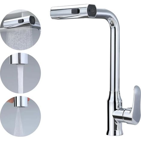 Diese ausziehbare Spültischarmatur verfügt über einen ausziehbaren Brausekopf, 360°-Drehung, drei verschiedene Strahlarten, Einlochmontage und ist aus Edelstahl gefertigt. Sie eignet sich für Küchen, 