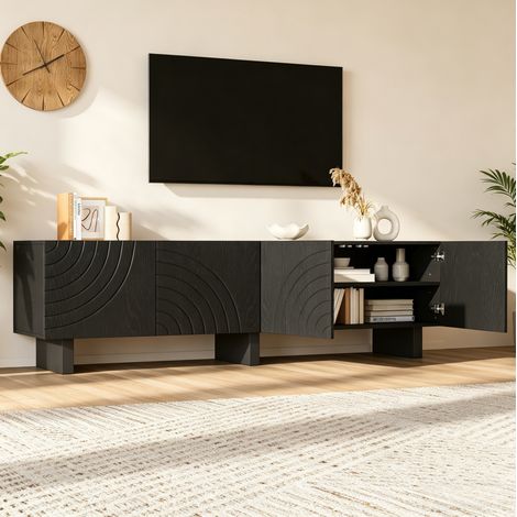 Schwarzes TV-Lowboard 180 x 40 x 55 cm aus Spanplatten, 4 Türen, für TVs bis 75 Zoll (1/5)