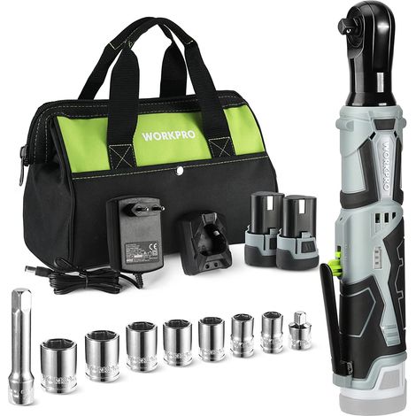 Workpro – Clé à cliquet sans fil 12V – Couple 55Nm – 2 batteries 2.0Ah – Charge rapide 1h – Lumière LED – 9 douilles et sac de rangement (1/5)