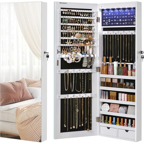 Songmics – Armoire à bijoux suspendue avec miroir – 6 lampes LED – 84 places à bagues – 32 crochets à colliers – 2 tiroirs – Panneaux MDF blanc