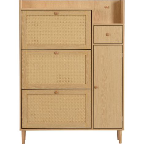 Scarpiera salvaspazio in MDF e rattan naturale con 3 ante ribaltabili e 1 cassetto, 90 x 17 x 125 cm (1/5)