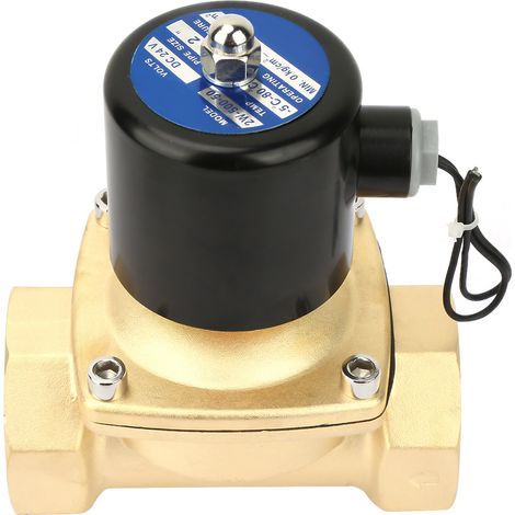 Électrovanne laiton DN50 normalement fermée pour eau, huile, gaz, 24V DC, soupape solénoïde industrielle, raccord fileté, corps en bronze, alimentation 24 volts, usage fluides divers. (1/5)