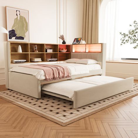 Schlafsofa 90200, Ausziehbett 90190, Ausgestattet mit LED Leuchten, Steckdosen und vielen Ablagefächern, Polsterbett, Multifunktionsschlafsofa, Einzelbett, Flanell, Beige.