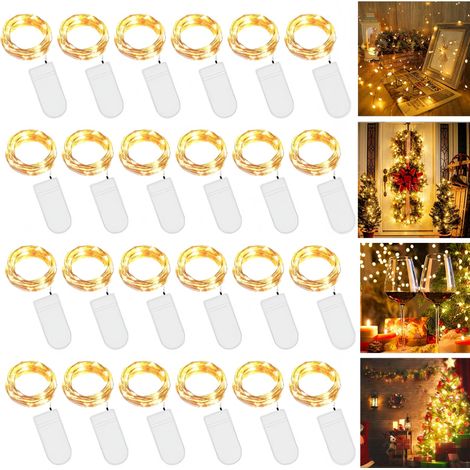 Guirlande lumineuse à piles - 24 LED - 2 m - 20 LED - Cuivre - Étanche IP65 - Pour fête, Noël, mariage - Éclairage décoratif (1/5)