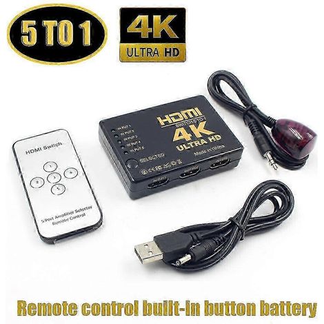 Comprend un commutateur HDMI, un répartiteur 4K, un sélecteur à 5 ports, un concentrateur de commutation, une télécommande infrarouge et 5 entrées/1 sortie pour la télévision haute définition. (1/5)