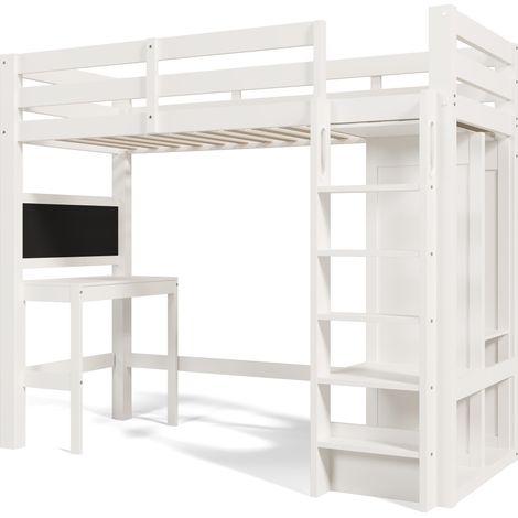 Cama alta infantil con escritorio, armario abierto y estantes blanco 90x200 cm MODENUIT (1/5)