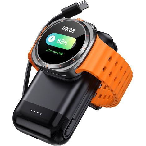 Chargeur Portable pour Watch 9/Ultra 2/8/Ultra/7/S26/S25 Series Batterie externe 6000 mAh, câble USB-C intégré et port USB-C, chargeur de voyage portable, protections multiples (1/5)