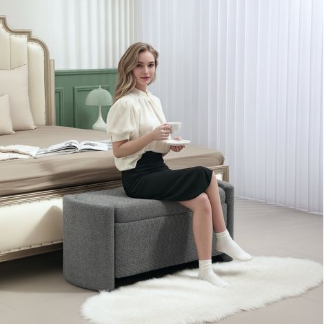 Banc coffre gris 105 x 44 x 45,5 cm en tissu, avec rangement pour chambre et salon FloraGrace (1/5)