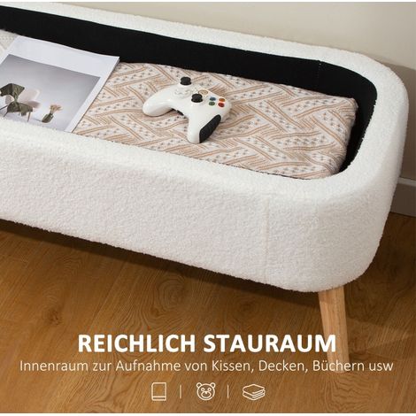 Panca contenitore 65 L, 120 x 42 x 45 cm, tessuto fleece, legno di hevea, crema bianco DESVIAE (1/5)