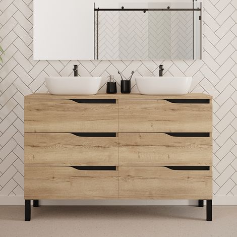 Meuble de salle de bain 140cm avec plateau et deux vasques à poser zeus - 6 tiroirs - sans miroir - madera miel (chêne clair) - MATA (1/4)