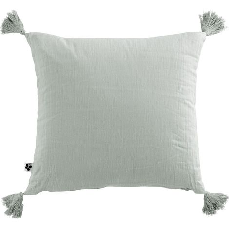 OUREA - Coussin Déhoussable 40x40cm avec Pompons Gaze de Coton Eucalyptus (1/3)