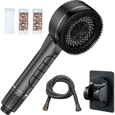 Cabezal de ducha antical de alta presión: 4 chorros, cepillo de masaje, manguera de ducha de 1,5 m y soporte de pared. Ahorro de agua, ideal para aguas duras (negro). (1/5)