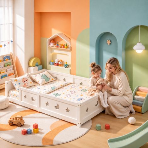 FOERPL-Lit au Sol Enfant 140x200 cm, Lit Montessori avec Barrière de Sécurité et Sommier à Lattes, Cadre de Lits Enfant en Bois Massif Renforcé de Pin, Lit d'enfant avec Étoiles-Lune