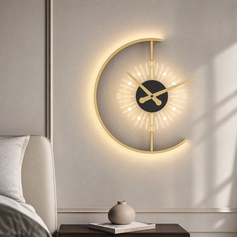 Applique Murale LED avec Horloge Intégrée, Design Moderne Noir et Or en Fer, Éclairage Doux 42W pour Chambre et Salon, 35x40cm (1/4)