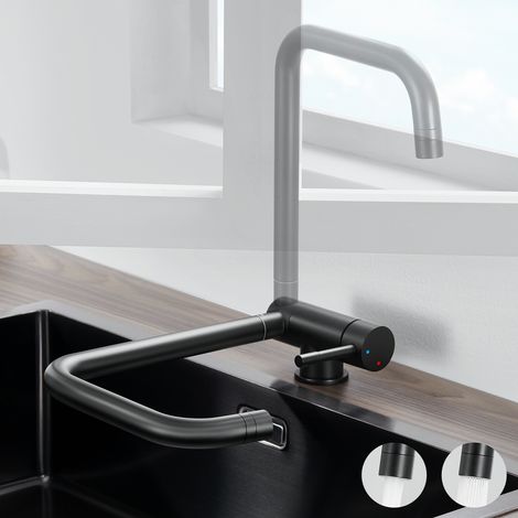 Anycee Max Küchenarmatur Klappbar Wasserhahn für Küche, Hochdruck Umklappbar 360 ° Drehbare Spültischarmatur mit 2 Strahlarten, Schwarz