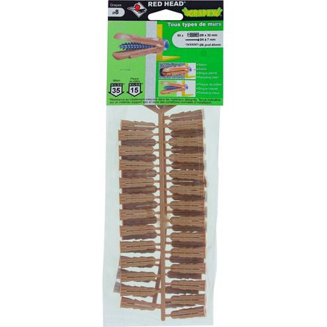 Lot de 50 chevilles à expansion grapex 8x32mm – Pour béton armé et matériaux creux – Charge jusqu'à 40kg – Perçage préalable requis – Red Head