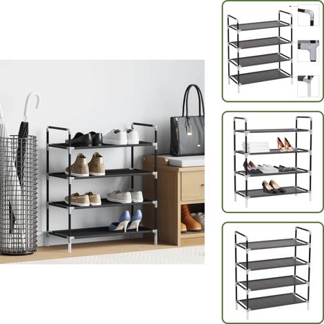 Schuhregal mit 4 Ablagen Metall und Vliesstoff Schwarz - Schuhschrank - Schuhregal - Garderobe - Aufbewahrungssystem - Schrank