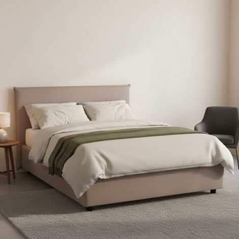 Dmora - Cama de plaza y media Dbará, Cama contenedor con revestimiento de tela, 100% Made in Italy, Apertura frontal, con colchón 120x200 cm incluido, Tórtola (1/5)
