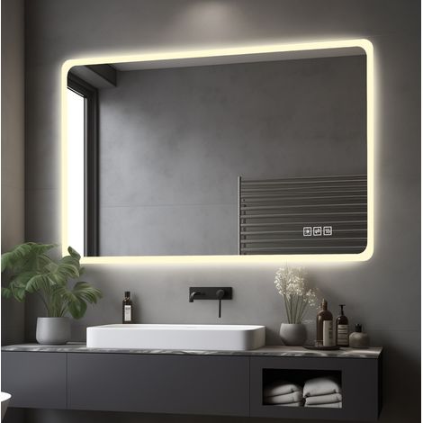 MODFU – Specchio LED bagno 111x71 cm con illuminazione frontale, antiappannamento, 3 temperature e IP44 – Argento (1/5)