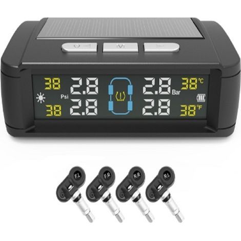 TPMS Système de Surveillance de La Pression des Pneus à énergie Solaire avec 5 Modes D'alarme,écran LCD à Rétroéclairage Automatique,4 Capteurs 0-67 PSI,Système D'alarme Automatique Sans Fil (1/5)